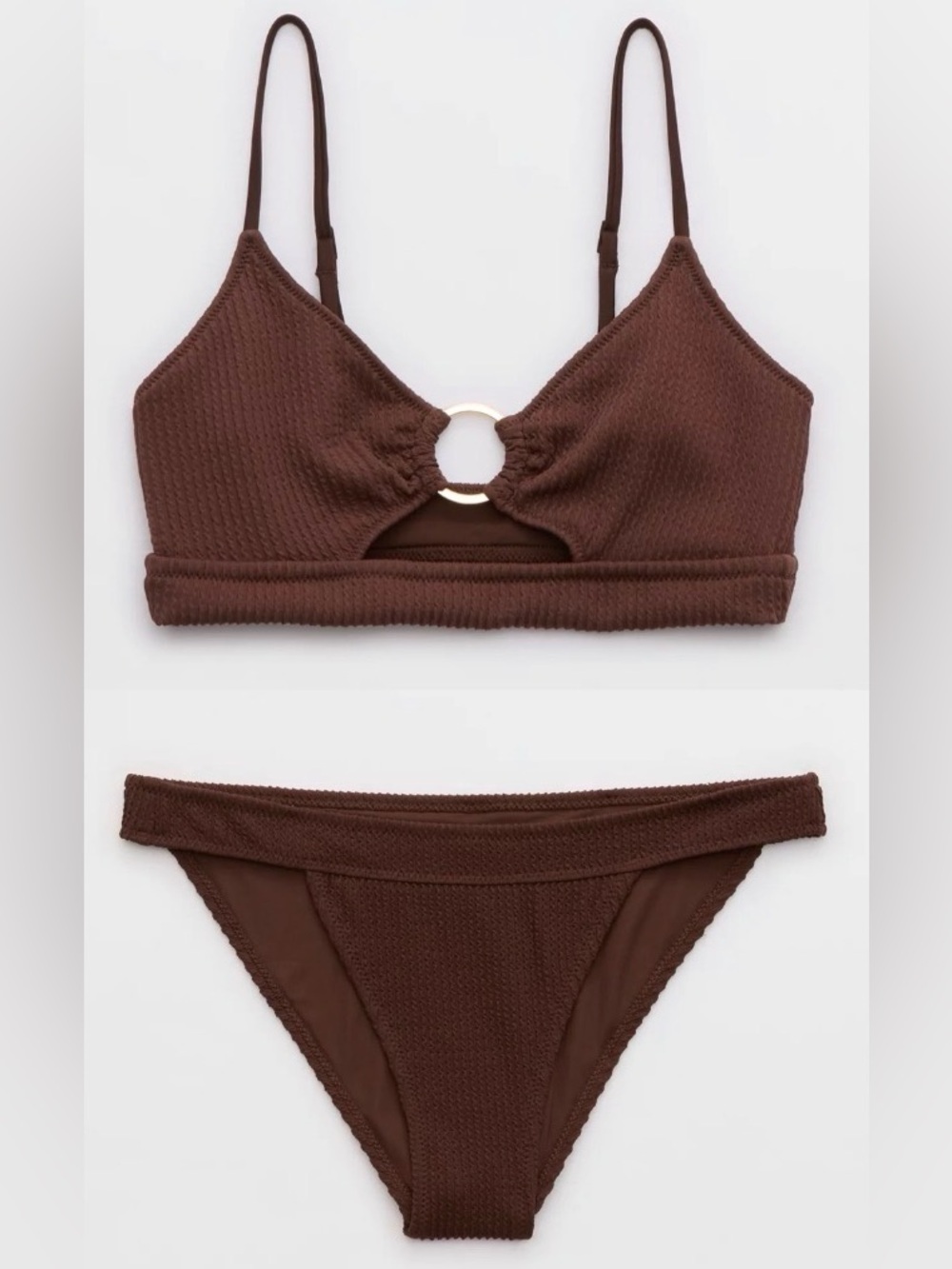 NWT Aerie FULL SET Crinkle Scoop Cutout Top + Banded Cheeky Bottom Brown - L